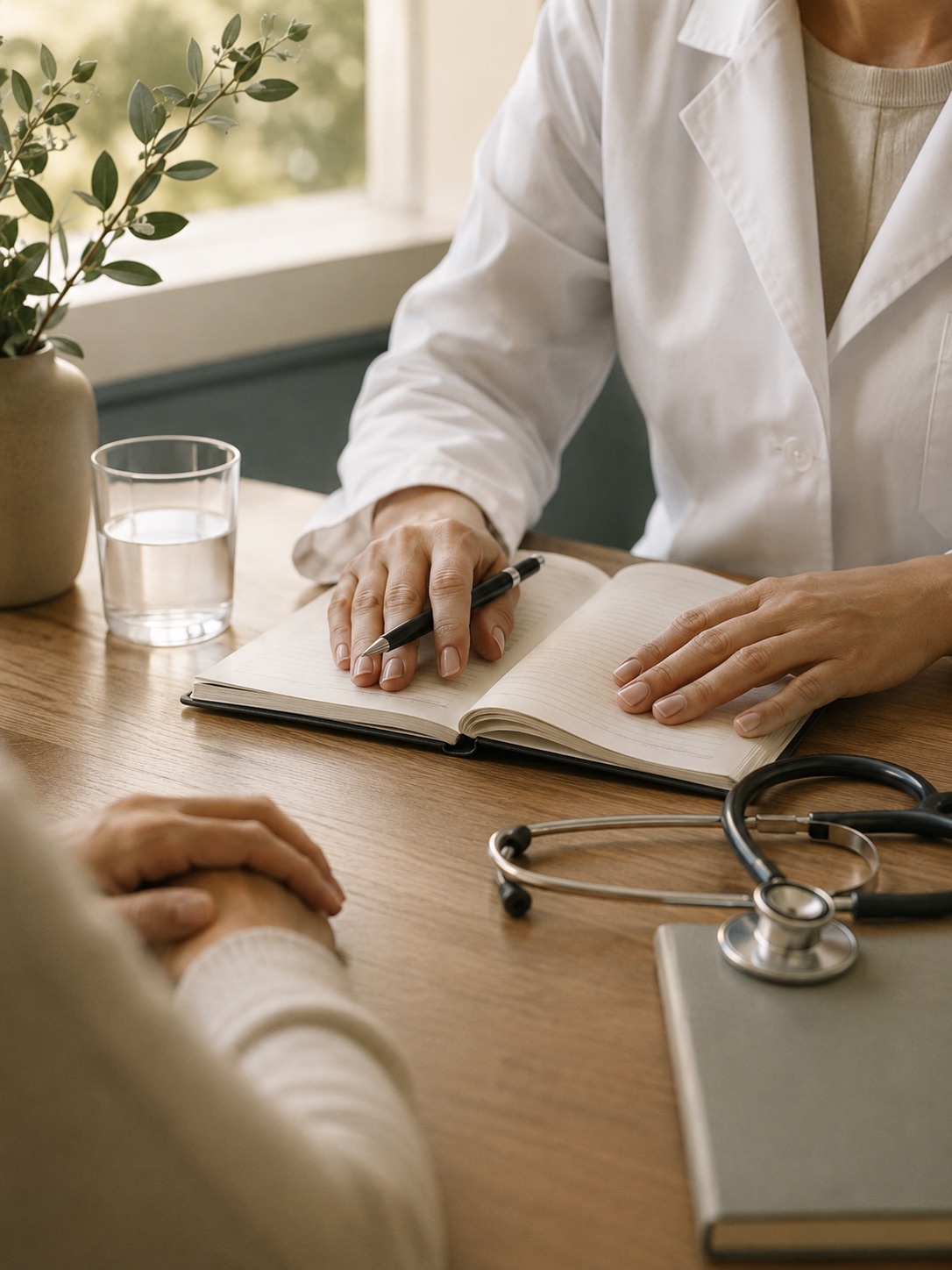 Médica con bata blanca tomando notas en libreta clínica durante consulta con paciente